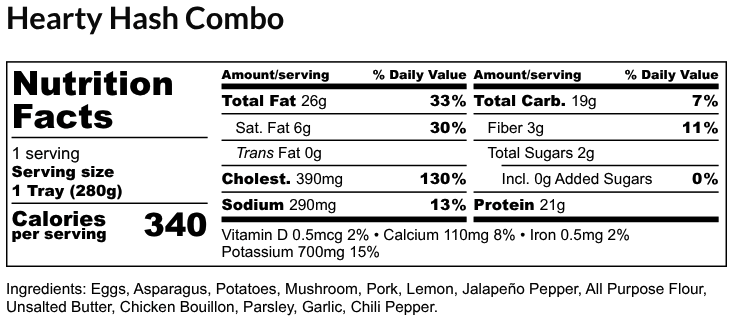 Nutritional Facts - Hearty Hash Combo 6oz